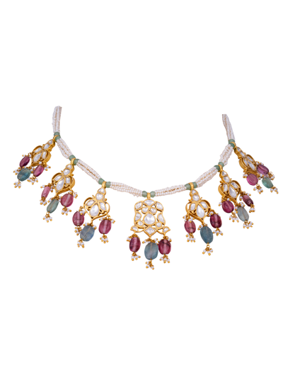 Silver Gulbagh Polki Necklace with Earrings