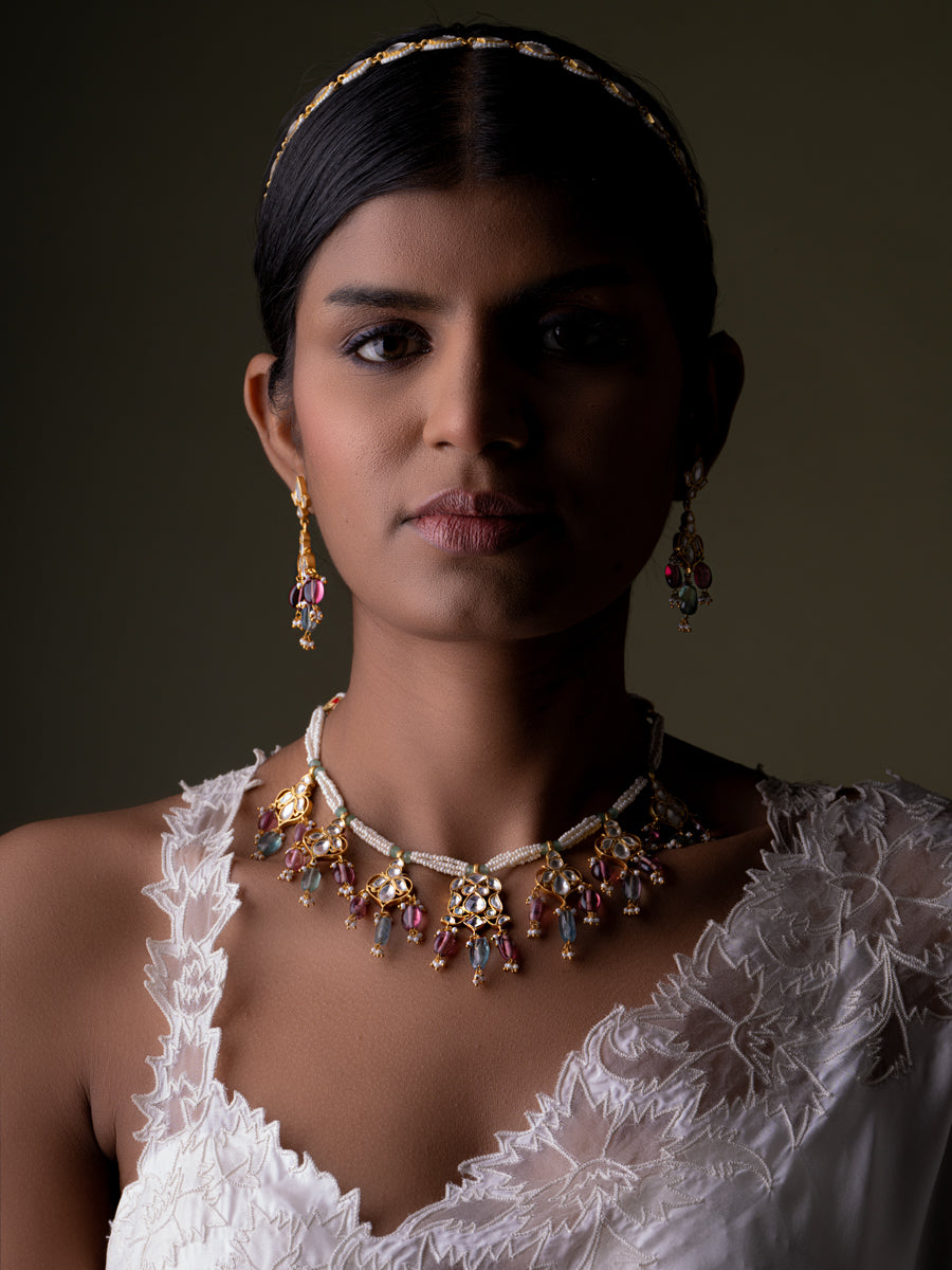 Silver Gulbagh Polki Necklace with Earrings