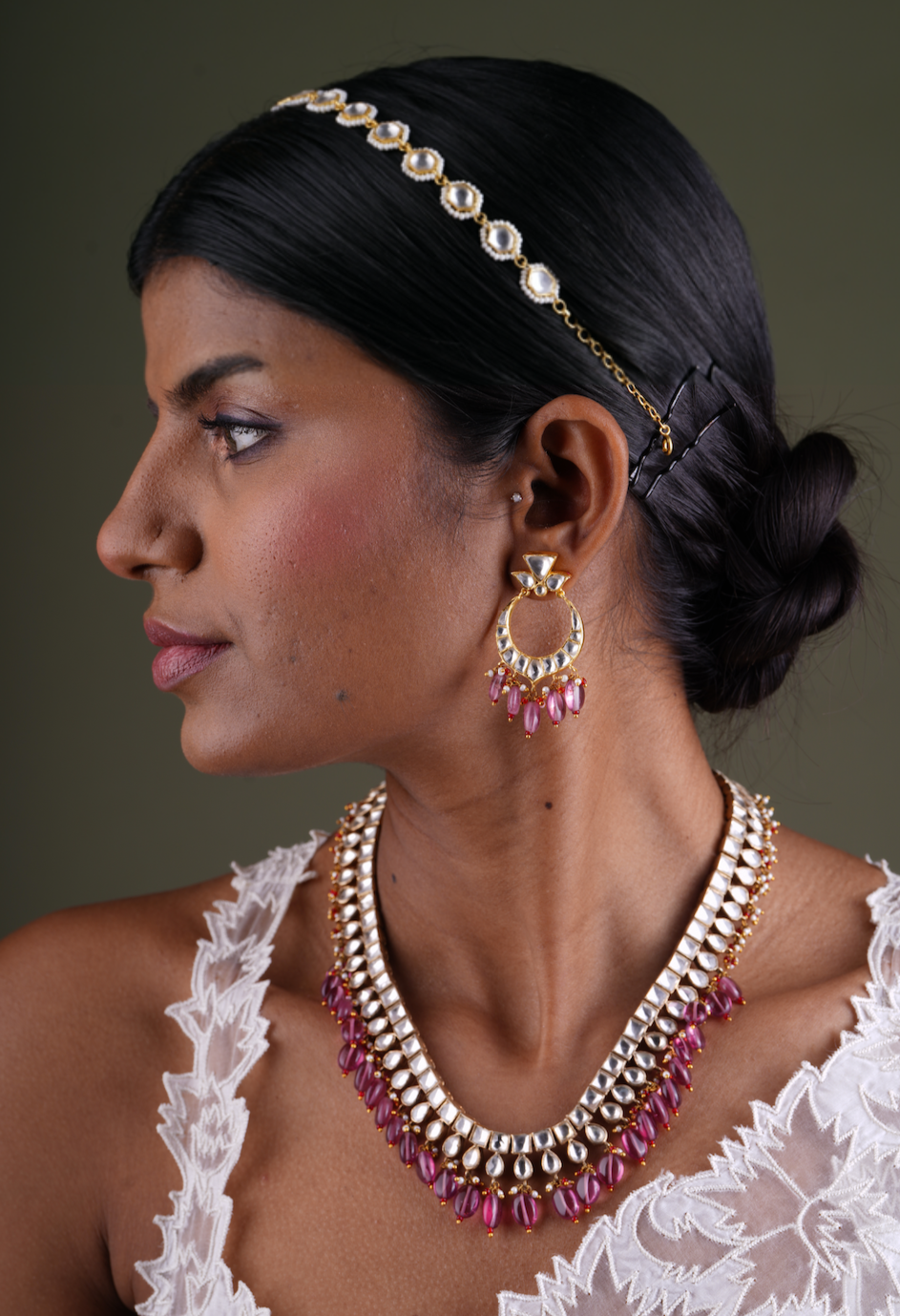 Silver Gulmukh Polki Necklace with Earrings